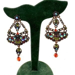 Vintage Joan Rivers Chandelier Earrings Multicolor Crystal Copper Tone